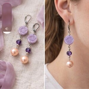 Lavender Rose Drop Earrings Lever Back Purple Crystal Pearl Dangle 3” Statement